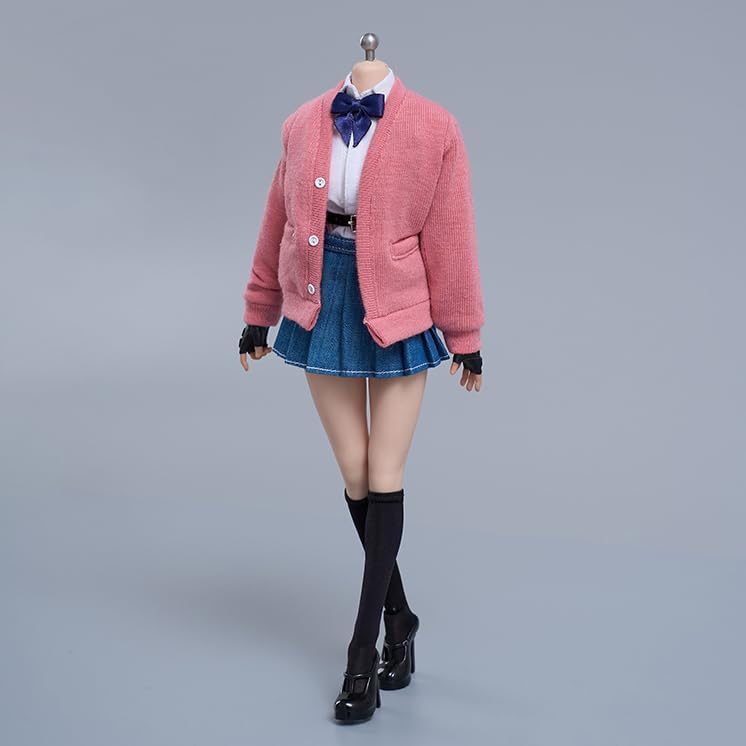 1/6 Scale Female Clothes, Student Pleated Skirt Sweatshirt Suit School Girl Cardigan JK Skirt Set Uniform Outfit Clothing for 12-inches Girl Action Figure Doll (Pink)