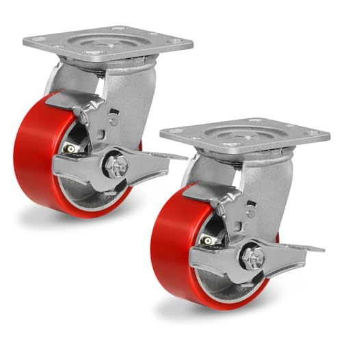 4" Heavy Duty Casters, Polyurethane Industrial Caster Wheels, Top Plate Swivel Casters with Brake(2 Pack Brake)