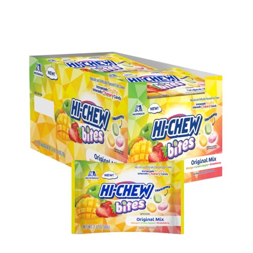 HI-CHEW Bites Original Mix Bulk Candy, Pack of 12 Bags, 2.12oz each - Mango Green Apple Strawberry Chewlets - Unique Fun Soft &amp; Chewy Taffy Candy, Immensely Juicy Fruit Flavors Halloween Candy