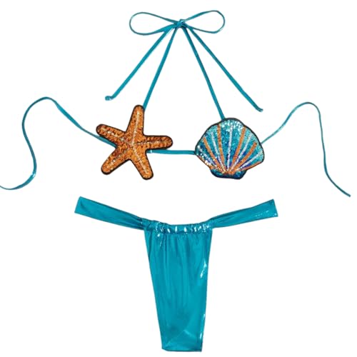 Gyios bañador Conjunto De Bikini Push-up con Lentejuelas para Mujer – Micro Traje Baño Dos Piezas Concha Estrella Mar, Estilo Brasileño Sexy Playa, Piscina Y Vacaciones-Lago Azul-m