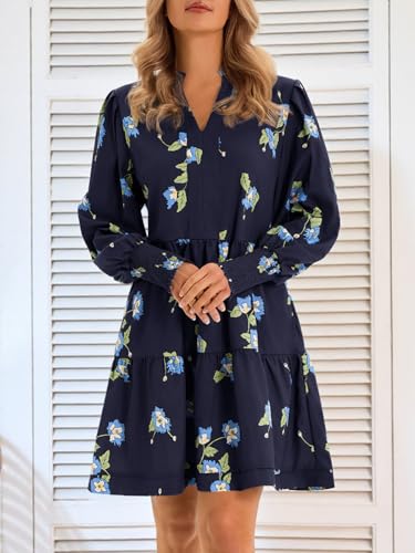 Image of Imily Bela Womens Fall Long Sleeve Tunic Dress Casual V Neck Tiered Dress | Loose,Swing,A-Line,Ruffled Collar,Puff Balloon Sleeve,Smocked Elastic Cuffs,Tiered Layered Ruffle Hem,Babydoll,Loose,Mini