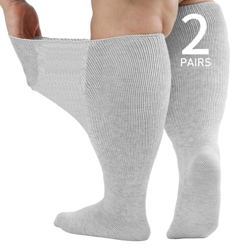 Orthostride Wide Diabetic Socks for Men Women Plus Size, Extra Long Edema Sock with Thickened Sole, Non-Binding Loose Fit Socks for Swollen Feet, Lymphedema - 2 Pairs Gray