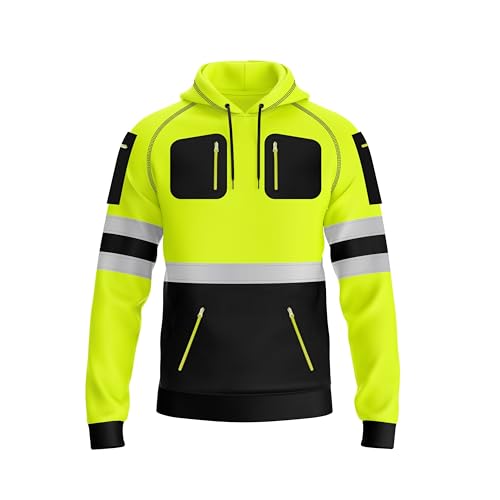 trending babz New Mens Hi Vis Safety Work Pullover Hoodie Sweatshirt Reflective Tape High Viz Hoodie High Visibility Sweatshirt Multi Zipped Pockets (UK, Alpha, S, Regular, Regular, Yellow Black)