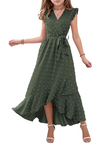 Girls Dresses 2025 Summer V Neck Dress Cap Sleeve Swiss Dot Boho Ruffle Slit Flowy High Low Long Maxi Dresses for Kids