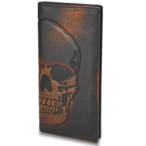 Image of DK86 Skull Long Wallet For Men Full Grain Leather with Hand Burnished Rfid Blocking Rodeo Wallet Bifold Wallet Skull Wallet
