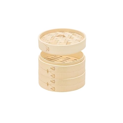 WEZANHI 竹製蒸し器、包子と蒸しパン用の二層セット、家庭用と業務用に適しています(バスケット2個と蓋1個) (20cm)