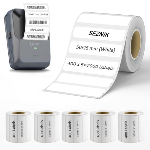 Image of SEZNIK Sticky Thermal Lables, 50mmx15mm Label Roll Paper, 2 inch Self-Adhesive Thermal Paper for Mini Thermal Printer, POS, Receipt Machine (Pack of 5 Rolls), 2000 Labels
