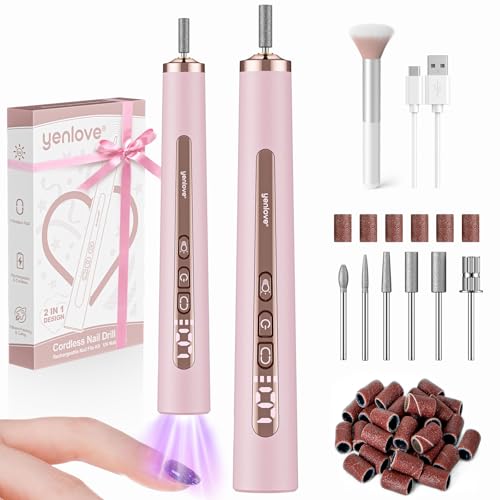 Image of YENLOVE Cordless Nail Drill, 9 Speed Electric Nail File with UV Nail Lamp: Professional for Acrylic Gel Dip Powder Nails Manicure Portable Nail Filer Machine Kit for Pedicure Rechargeable Lightweight