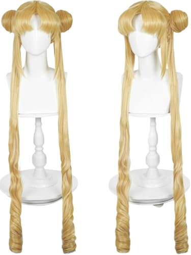 Half and Half Long Blonde Anime Cosplay Wig with Bangs & Buns 39 Blonde Curly Ponytail Wigs Cute Pigtails Costume Wig for Women Halloween Party