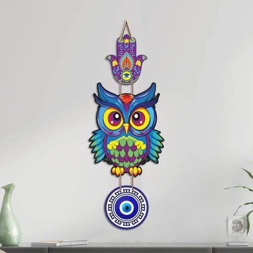 Image of Artvibes Multicolor Owl Evil Eye Wall Decor for Home Entrance | Nazar Battu MDF Decorative Hanging | Positive Energy Vastu Art for Living Room | Balcony | Office & Main Door | Gift Item (WH 8527N)