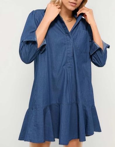 Women's Long Sleeve Denim Shirt Dress Button Down Ruffle Flowy Collared Mini Shift Drop Waist Jean Dresses2