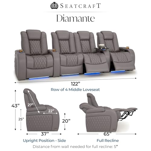 Image of Seatcraft Diamante Gray Italian Leather Home Theater Seating, Zero Gravity Power Recliner Gaming and Home Office Chair, Powered Headrest Lounge Sofa Furniture Cinema Room, Row of 4 Middle Loveseats
