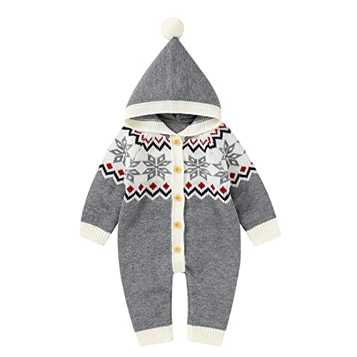 Toddler Size Hoodie Newborn Infant Boy Girl Christmas Snow Knitted Sweater Baby Hooded Jumpsuit (Grey, 12-18 Months) - Main Image