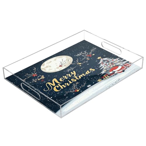 Nesatuwa Merry Christmas Acrylic Serving Tray with Handles,Clear Serving Tray Decorative Tray Organiser for Ottoman, Kitchen, Bedroom Decorative Tray 12x16 Inches