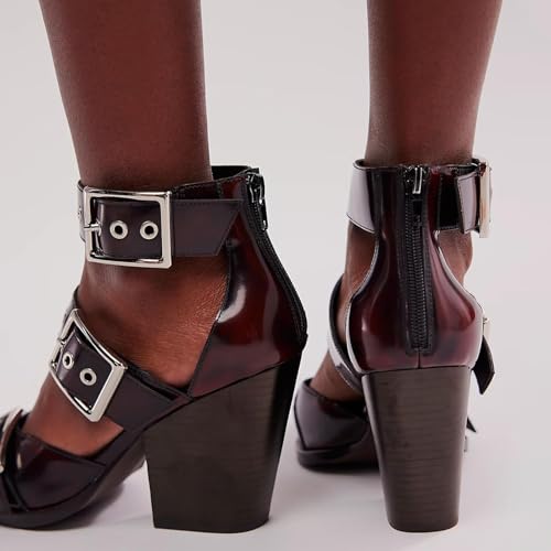 MAVMAX Strappy Heels Western Sandals for Women Chunky Heel Pumps Thick Closed Pointed Toe Heels Metal Buckle Strappy Shoes3