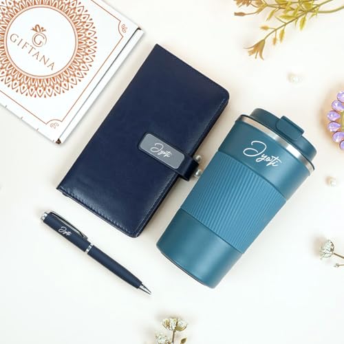 Image of Giftana Personalized Diary with Pen, Coffee Tumbler with Name, 3 in 1 Diary, Pen, Tumbler, Personalized Gifts for Husband Birthday, New Year Corporate Gifts for Employee (Blue)