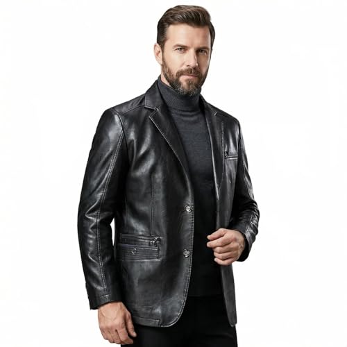 HESYSUAN Blazer en cuir souple à revers pour homme - Coupe droite - 2 boutons avec poches, Noir , XXL