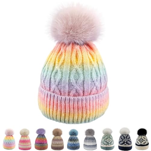 Women's Winter Beanie Hat -Cashmere Inner Layer Chunky Knit Pom-Pom Stocking Cap for Girls Cold Weather