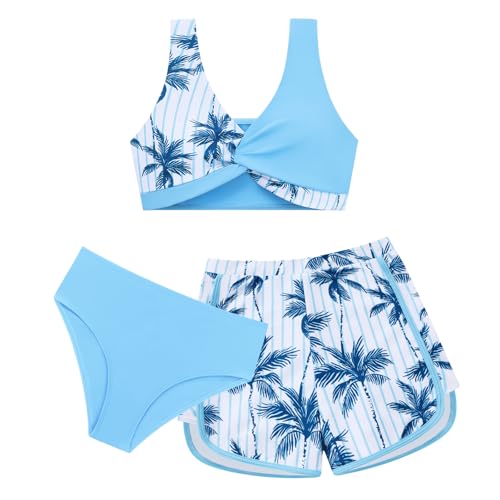 Image of Weixinbuy Girl's 3 Piece Swimsuit Teen Swimwear Tropical Print Twist Cross Bikini Bathing Suit with Cover Up Shorts Size 9-16