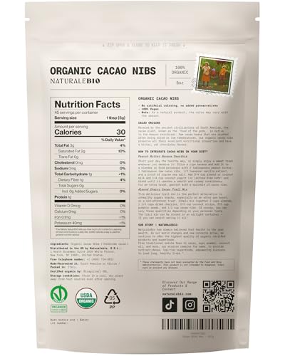 Image of NaturaleBio Cacao Nibs Organic 8 oz. Unsweetened, Non-Alkalized and Pure. Sugar-Free Dark Chocolate Chips Substitute. Non-GMO, Gluten Free, Tested for Heavy Metals. From Raw Cacao Beans