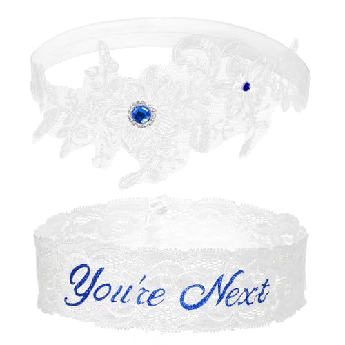 2 Pcs Lace Crystal Wedding Garter Set, Lace Wedding Garters, Blue Rhinestones White Flower Bridal Garters, Elastice Flower Thigh Garter Leg Accessories for Women
