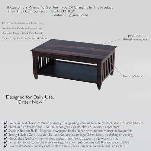 Image of Solid Sheesham Wood Rectangle Centre Table, Coffee Table for Living Room, Wooden Sofa Center Table with Shelf Storage for Home & Office | Rosewood, Walnut, Pre Assembled & Ready to Use