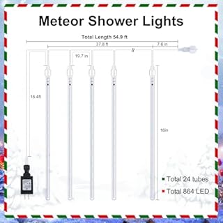Minetom Meteor Shower Lights Outdoor, 16 Inch 24 Tubes 864 LED Icicle Lights for Outside, Connectable Falling Rain Light, Waterproof Christmas Light Outdoor for Tree Holiday Decoration, White