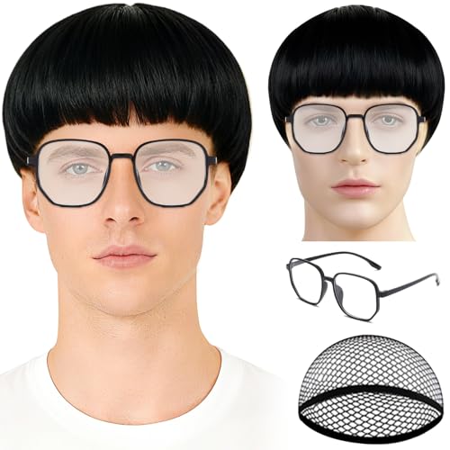PLULON Black Mushroom Wig Bowl Cut Hair with Glasses for Men Women Cosplay Short Wigs with Bangs 60s 70s Funny Hair for Halloween Costume Bachelor Christmas Fancy Dress Musicals Party