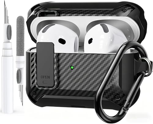 Image of Olytop for Airpods 4 Case with Lock Clip, Rugged Apple Airpods 4th Generation Cover 2024 Men Women, Armor Shockproof iPod 4 Gen Protective Hard Shell with Carabiner&Cleaner kit,CF Black