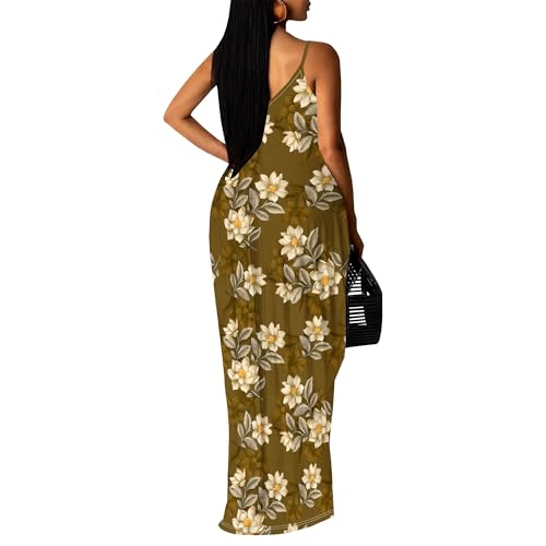 Image of Women's Summer Maxi Dress Spaghetti Strap Floral Boho Beach Long Sundress with Pockets