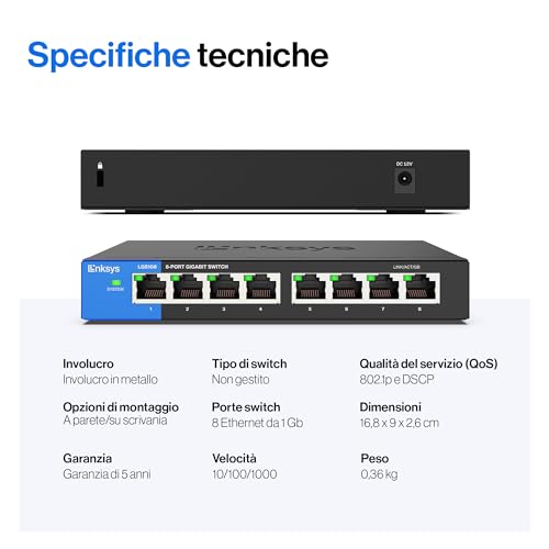 LGS108-EU Switch di rete Gigabit non gestito a 8 porte, hub Ethernet per casa e ufficio con chassis in metallo, montaggio a parete o su scrivania, sdoppiatore Ethernet, plug-and-play - Powerline - Immagine 5