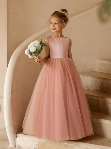 MCieloLuna Flower Girls Dresses for Wedding Satin Tulle Princess Pageant Dress Kids Pearls Prom Ball Gowns with Bow-Knot4