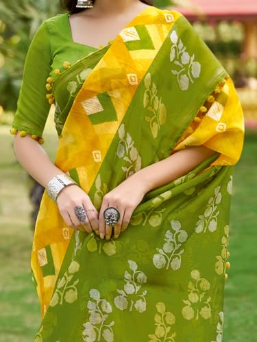 Image of AKHILAM Women's Cotton Printed Saree With Unstitched Blouse Piece