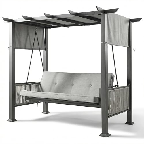 Pamapic 2-in-1 Convertible Porch Swing Bed, 3-Seat Elegant Patio Swing with Wicker Armrests, Outdoor Chair with Adjustable Canopy for Balcony, Garden, and Poolside, Gray