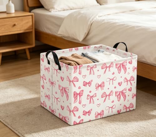 Image of Rectangular Valentines Basket for Women Girls Storage Bin Organizer Box Shelf Room Decor(Heart Bowknot)