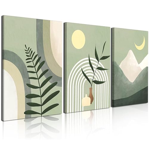 Boho Wall Art Painting,Boho Wall Art Set of 3, Sage Green Minimalist Framed Canvas Wall Art Geometric Leaf Sun Moon Beige Green Canvas Artwork 12