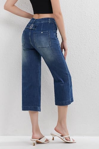 Women's High Waisted Wide Leg Capri Jeans Stretchy Denim Cropped Pants with Utility Pockets Comfort Fit3