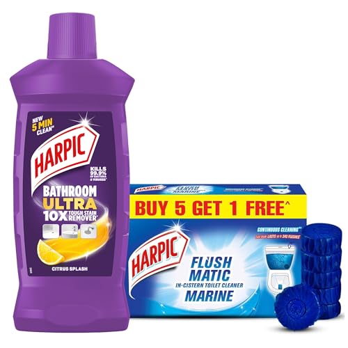 Image of Harpic Flushmatic In-Cistern Toilet Cleaner Blocks, Marine - 50 g (Pack of 6) with Bathroom Cleaner Ultra, Citrus Splash 1L