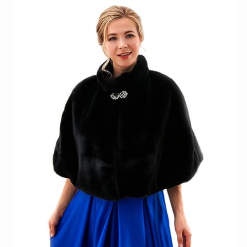 Ursumy Wedding Faux Fur Wrap Bridals Shawl Fur Stole Fur Scarf with Rhinestones Brooch for Bridal