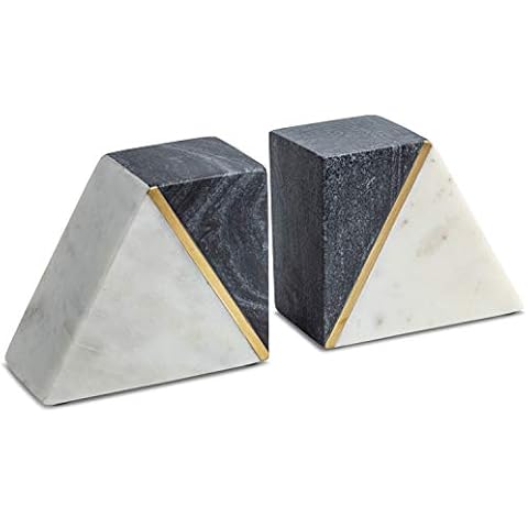 Cork & Mill Marble Book Ends for Shelves, Decorative Bookends for Heavy Books, Unique Mid Century Modern Gray and White Bookends with Brass Inlay, Heavy Duty Bookshelf Stopper, Set of 2 Cover