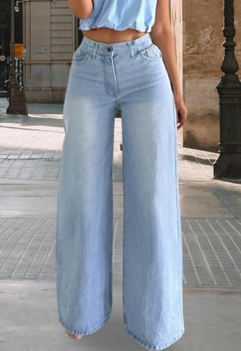 Image of Women's Straight Leg Jeans High Waisted Wide Leg Stretchy Baggy Denim Pants