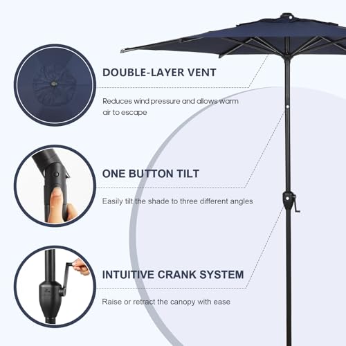 Image of Abba Patio 7.5FT Lyon Outdoor Patio Umbrella Outdoor Table Umbrella with Push Button Tilt and Crank Market Umbrella 6 Sturdy Ribs UV Protection Waterproof for Garden Deck Backyard Pool, Navy Blue