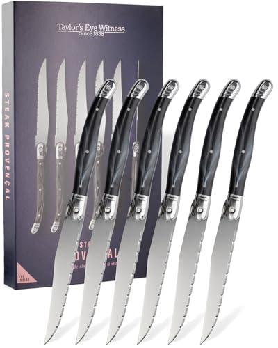 Taylors Eye Witness Premium Steak Knives Set of 6 - Stainless Steel Steak Knife with Sharp Serrated Blade and Ergonomic Black Marble Handle, Durable – Effortless Slicing for Meat & More