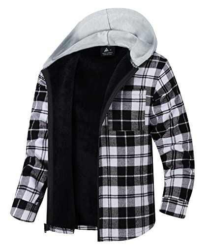 V VALANCH Boys' Full-Zip Fleece Sweatshirts, Flannel Plaid Shirt Jacket, Kids Youth Full Zip Hooded Sweatshirt(White,L)4