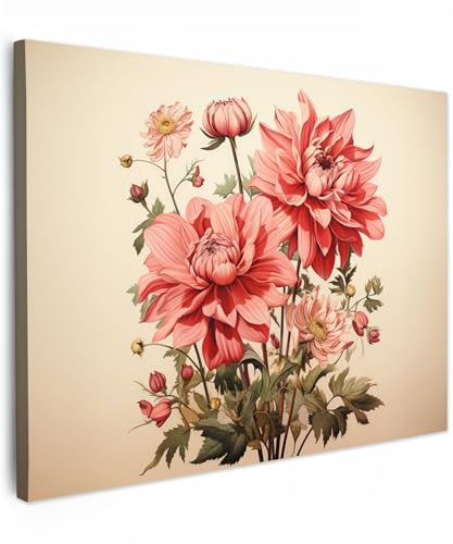 MuchoWow© Impressions sur Toile 80x60 cm Deco Tableau Murale Decoration Salon Peinture Tableaux Chambre Toiles Maison Vintage - Fleurs - Rouge - Beige -...