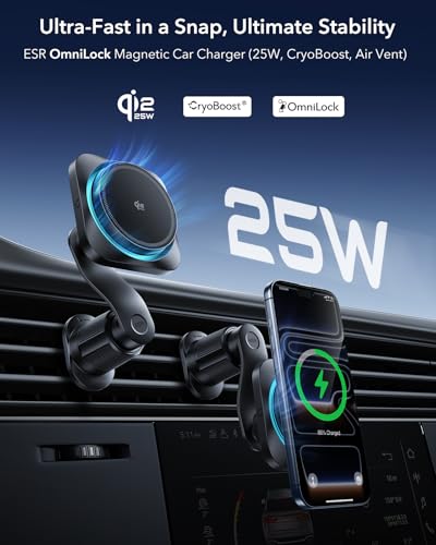 Image of ESR OmniLock Qi2.2 Certified 25W MagSafe Car Mount Charger with CryoBoost, Phone Cooling MagSafe Car Charger, 360 Rotatable, Air Vent Magnetic Car Phone Holder for iPhone 17 /16 with iOS 26, S26 Ultra