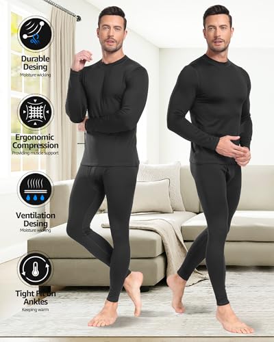 UNIQUEBLLA Long Johns Thermal Underwear Set for Men Thermal Base Layer Cold Weather Bottom Top Black