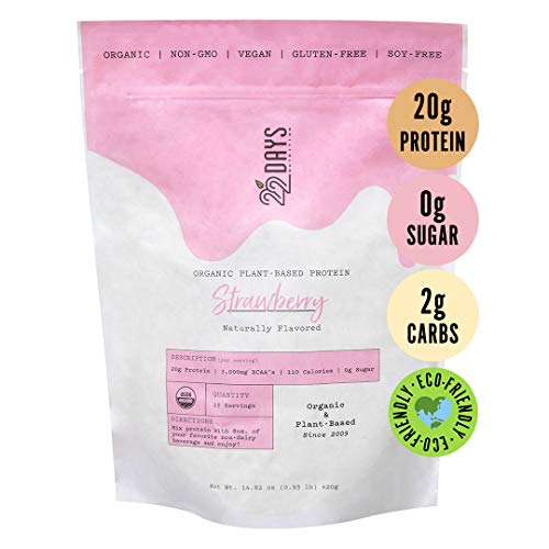 22 Days Nutrition Organic Protein Powder, Strawberry, 15 Serving | Gluten Free, Vegan- Pea, Flax, and Sacha Inchi- Plant Based Protein Powder (20g) - Naturally Sweetened with Stevia