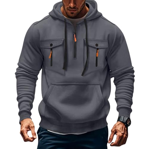 Men's Fashion Hoodies & Sweatshirts Quarter Zip Drawstring Hooded Pullover Causal Long Sleeve Cargo Tactical Shirts
