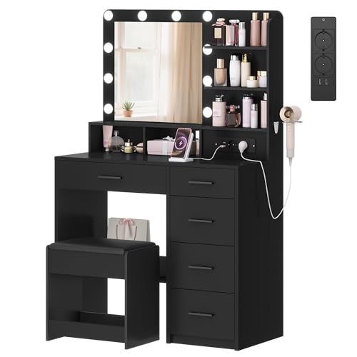 Hzuaneri Tocador de Maquillaje con 10 Globos de Luz LED, 3 Colores, Tocador con Enchufe y Espejo Grande, Taburete y Soporte para Secador de Pelo, Tocadores con Múltiples Cajones, Negro DT39006XEU